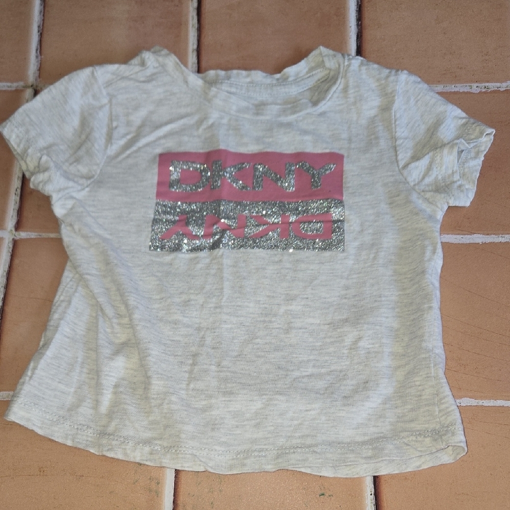 DKNY Kids Light Gray Tee with Pink and Silver Design